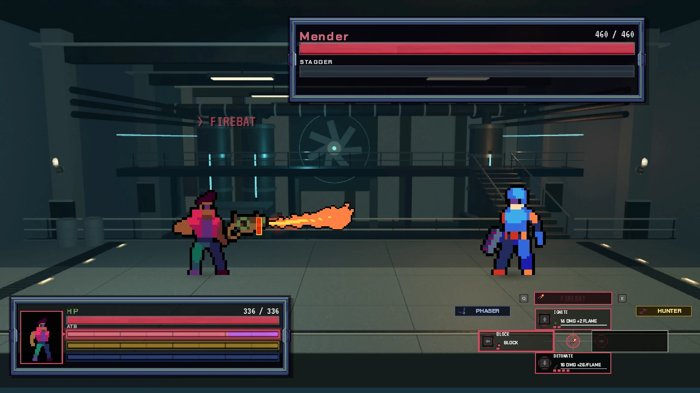 A Firebat fighter attacks with a flamethrower in the Factory, with health and neural-core abilities visible.