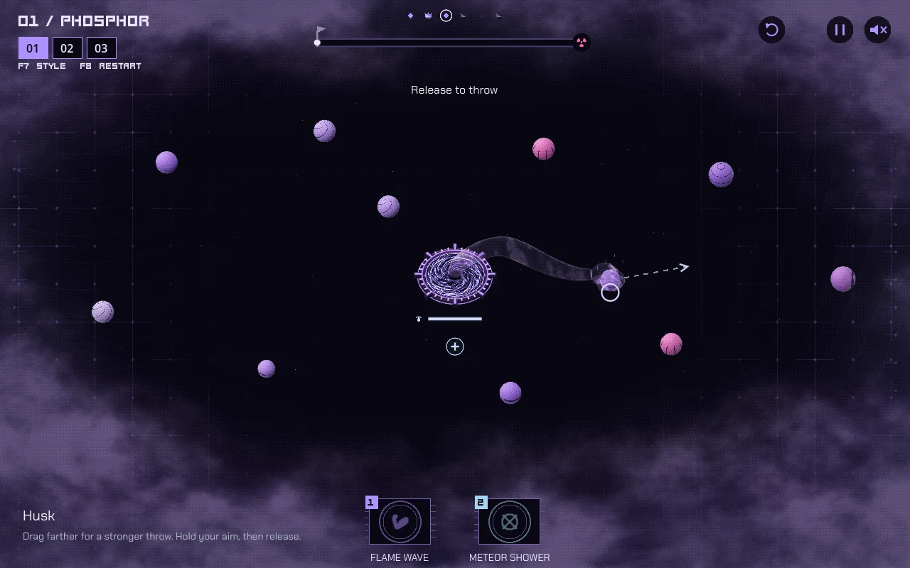A spectral hand pulls an enemy from the purple psychic portal, surrounded by incoming enemies in deep space.
