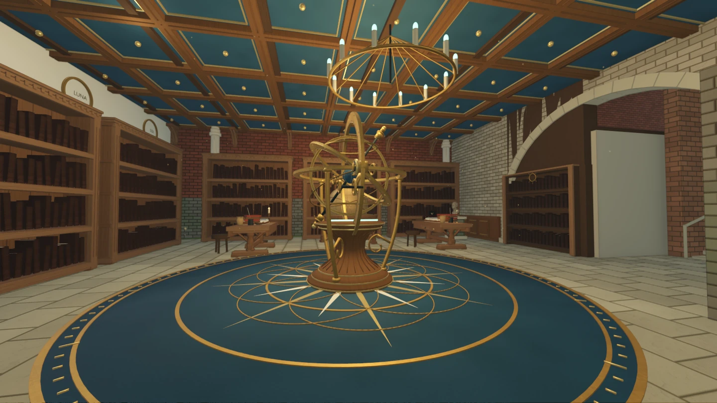 A brass astronomical instrument stands beneath a celestial chandelier in Uraniborg’s book-lined library.